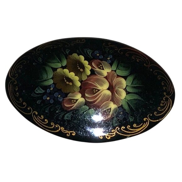 Signed Hand Painted Vintage Floral Pin Brooch Black Lacquer Red Yellow Floral - Picture 6 of 8